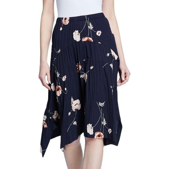 VINCE Tossed Poppy Pleated Floral Midi Knee Length Skirt in Marine - Picture 2 of 15